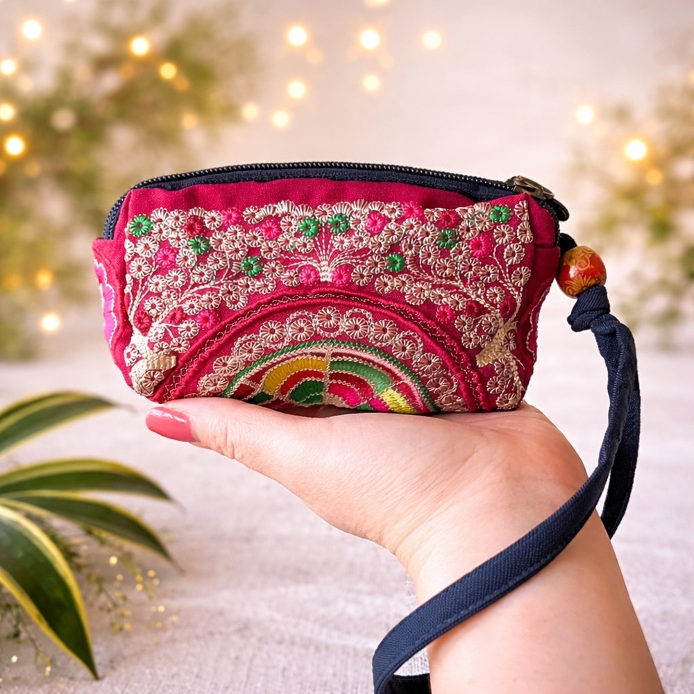 Handmade Embroidered Red Wristlet | Multi-Zip Boho Floral Pouch